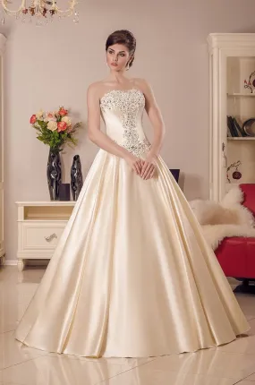 ---A line style golden wedding dress with a straight neckline embellished with sequins and sparkling stones--