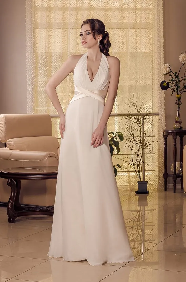 ---Empire style wedding dress in ivory color made in satin and chiffon with halter neckline and draped bustier--