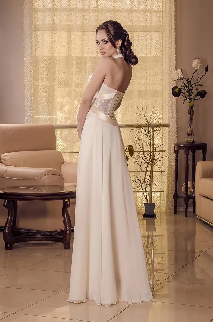 ---Empire style wedding dress in ivory color made in satin and chiffon with halter neckline and draped bustier--