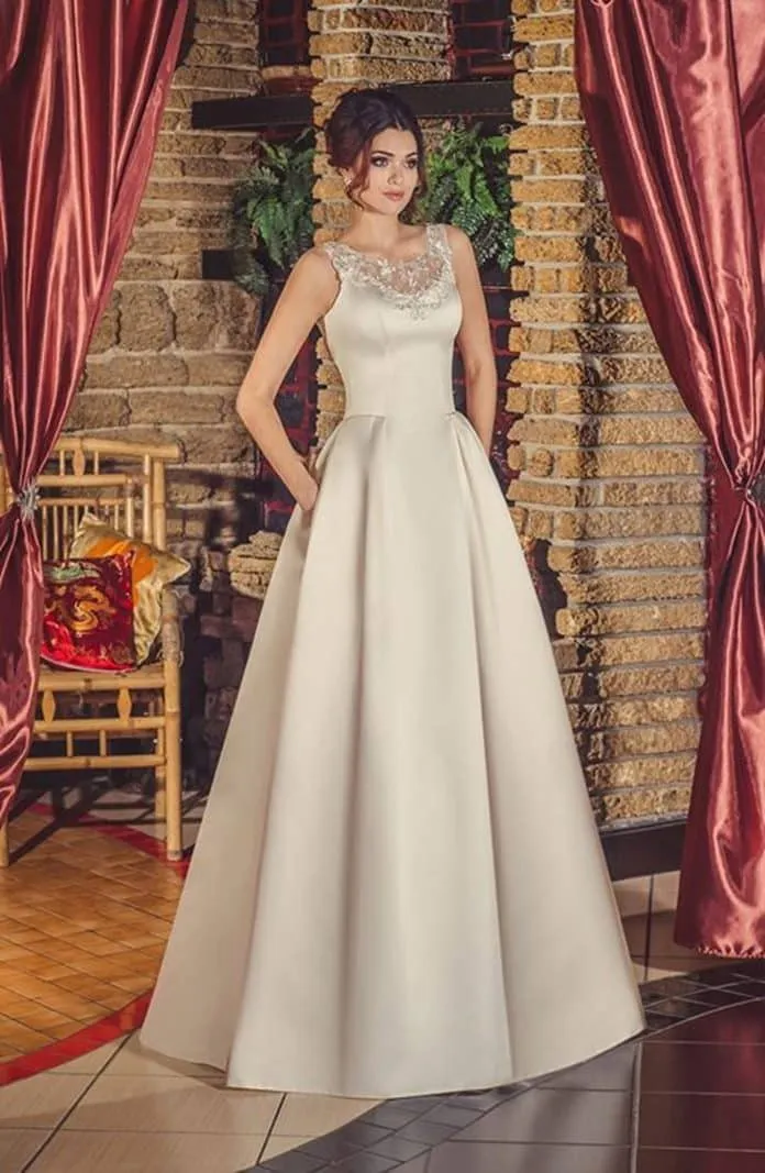 ---Wedding dress with pockets made of silk satin, lace straps, semi open back, A line style--