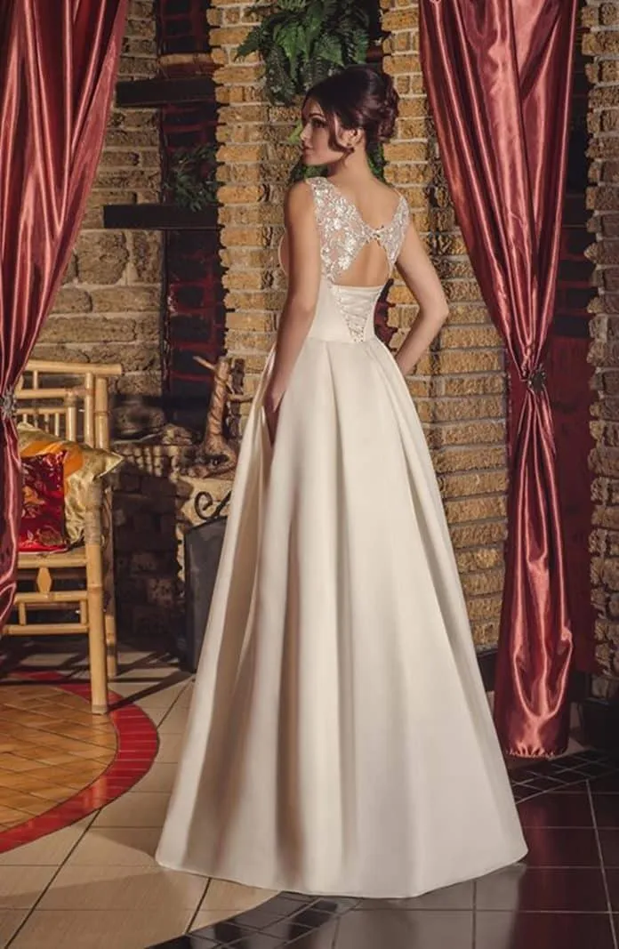 ---Wedding dress with pockets made of silk satin, lace straps, semi open back, A line style--