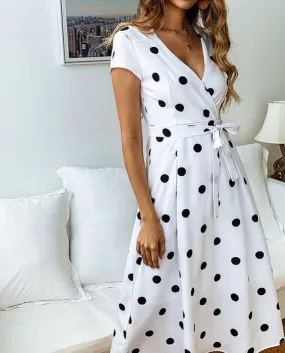 Abito scollo a V moda Donna Estate Casual Elegante manica corta Cintura a pois Maxi Beach Party Abiti Robe Femmedresse