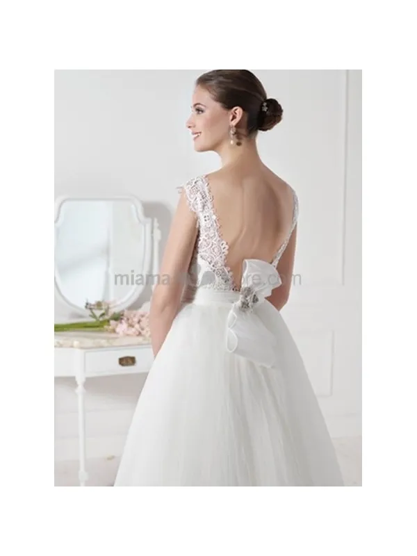 CLAUDIA - A-line Ball gown Empier waist Floor length Tulle Low round/Scooped neck Wedding dress