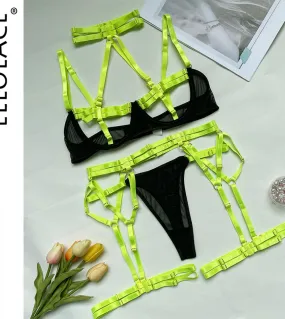 Ellolace Lingerie femminile Costume porno Scava fuori Fasciatura Halter Reggiseno perizoma con cintura Calza neon Puoi vedere Un