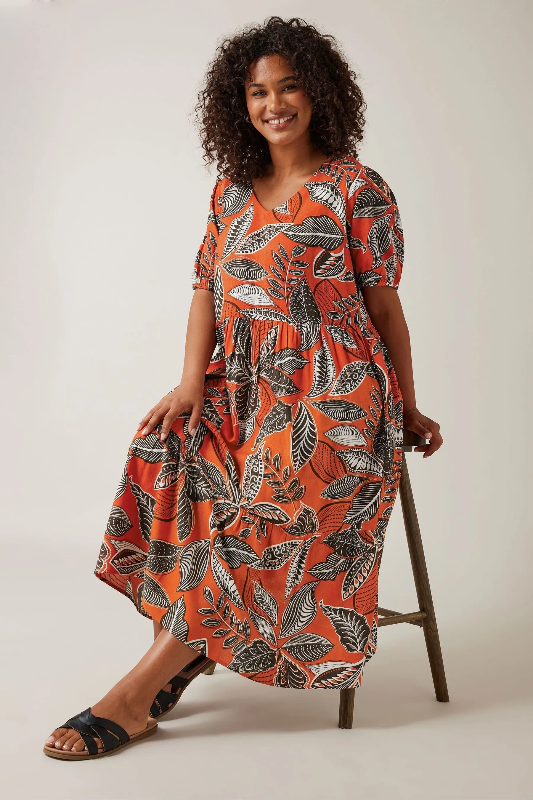 Evans Curve Tropical Print Linen Dress