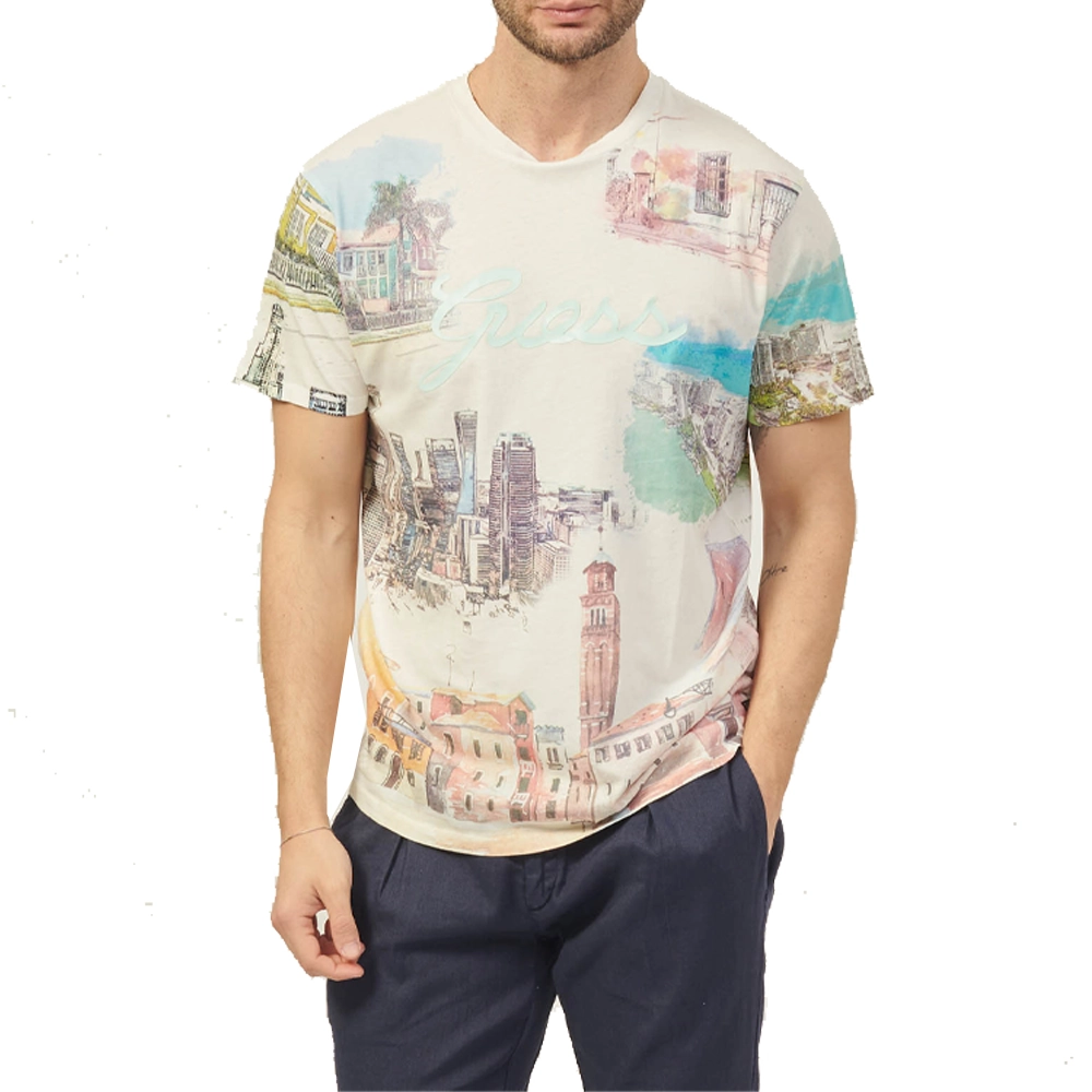 Guess T shirt uomo Riviera Postcard M4GI54 K9RM1 F0F8 Salt White Multi