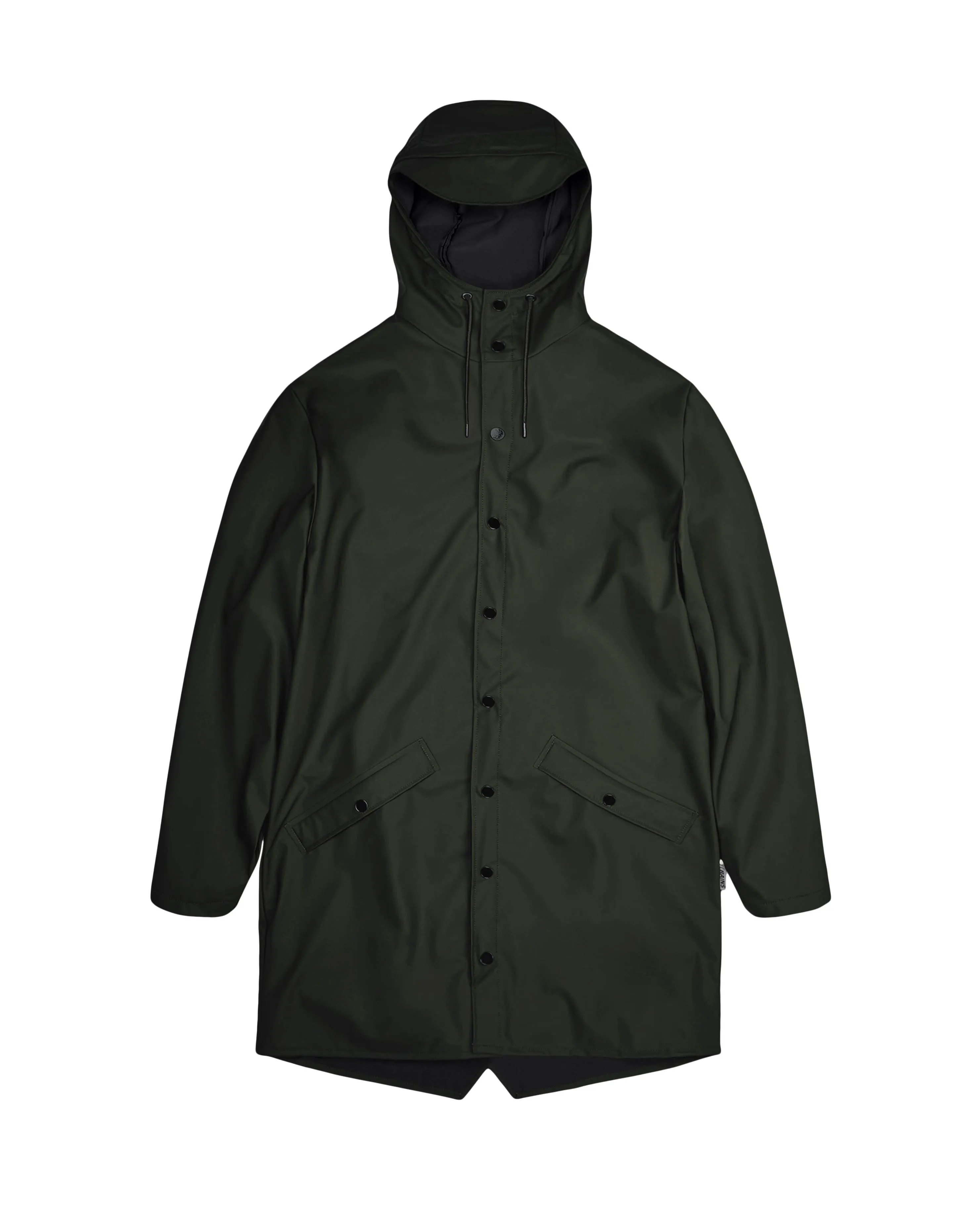 Impermeabile Long Jacket verde militare con cappuccio dalla finitura metallica