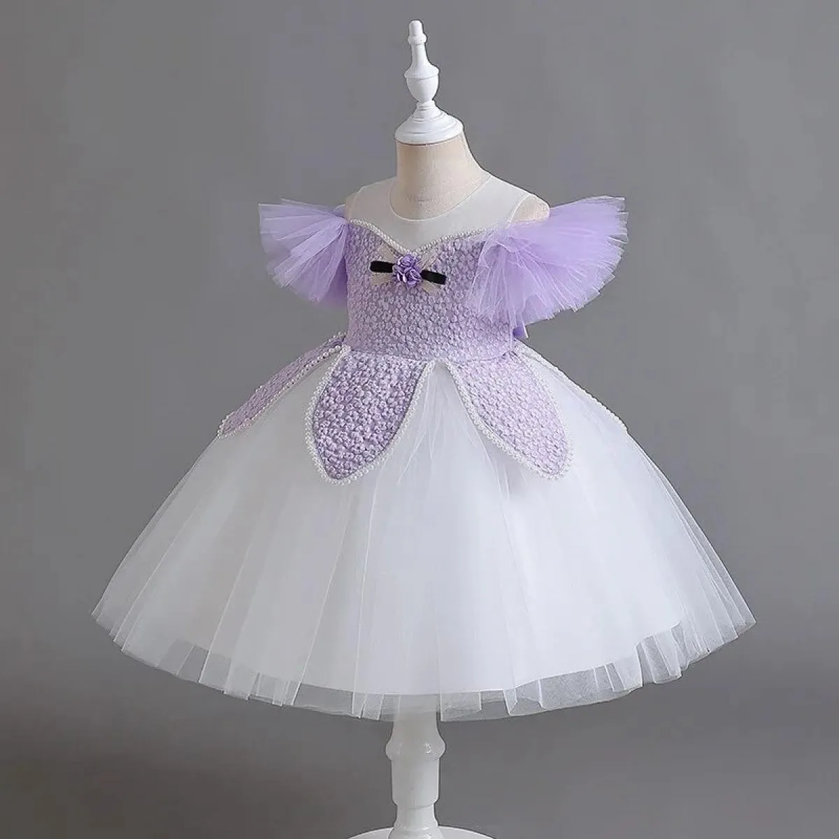 New Girls 'Little Flying Sleeves Pengpeng Princess Dress Contrast Pearl Princess Dress Piano Host Big Bow Performance Cl