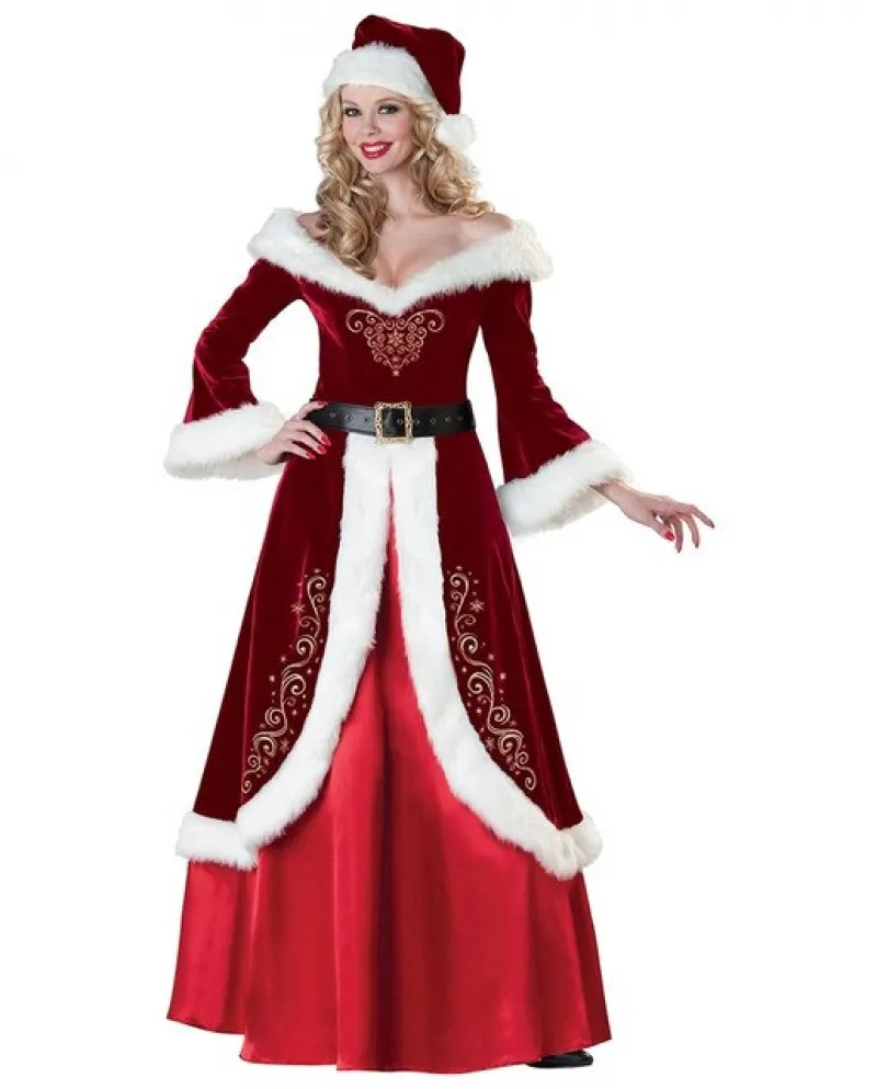 Women Christmas Costumes  V Neck Fur Trim Long Dress Cosplay Santa Claus Clothes Suits 2022 X Mas Party Dresses Vestidos